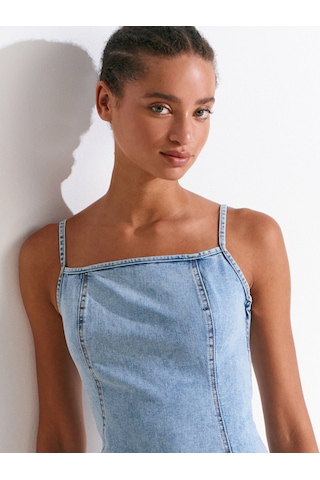 Dilvin 90563 Power Likra Ortaboy Denim Elbise-mavi Mavi