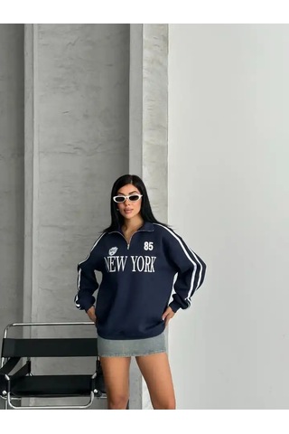 Yarım Fermuarlı Newyork Yazılı Sweat Lacivert