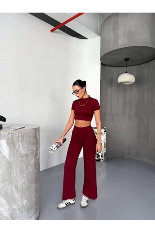 Valensdesign Osy Modal Yumuşak Dokulu Kumaş Kısa Kollu Crop Alt Ispanyol Paça Pantalon Ikili Takım - Bordo