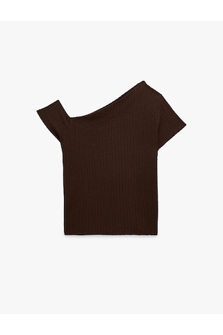 Koton Bürümcük Kumaş Slim Fit Kısa Kollu Asimetrik Kesim Tek Omuz Bluz Kahverengi 6sak10287ek Kahve