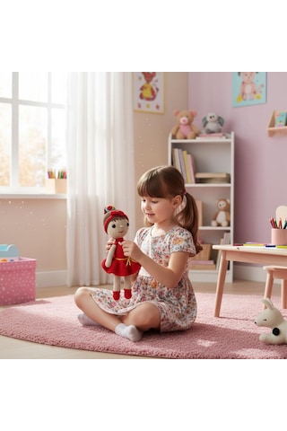 Kırmızı Elbiseli El İşi Amigurumi Oyuncak Kız Bebek Kırmızı
