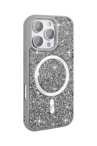 Apple iPhone 16 Pro Max Uyumlu Kılıf Pırlanta Tasarımlı Magsafe Şarj Özellikli Zore Mozaik Silikon Kapak - Gri