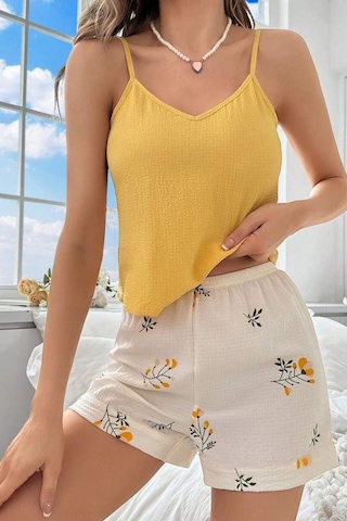Bella Notte Sarı Askılı Üst & Çiçek Desenli Şortlu Yazlık Pijama Takımı