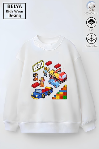 Belyakidswear Trend Çocuk Model Tam Kalıp Oversize Lego Tasarım 3 İplik Pamuğa Pamuk Kumaş Beyaz