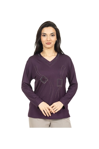 Kadın Orta Yaş Ve Üzeri Yeni Model V Yaka Taş İşlemeli Anne Penye Bluz 30560-mürdüm