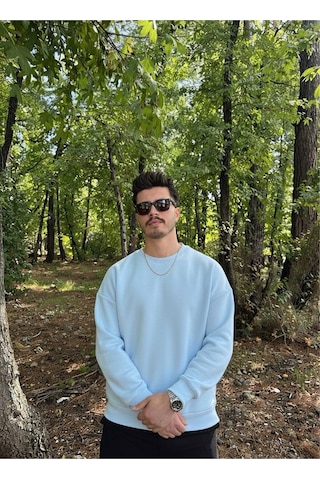 Erkek Oversize Bisiklet Yaka Geniş Kesim Sweatshirt Mavi