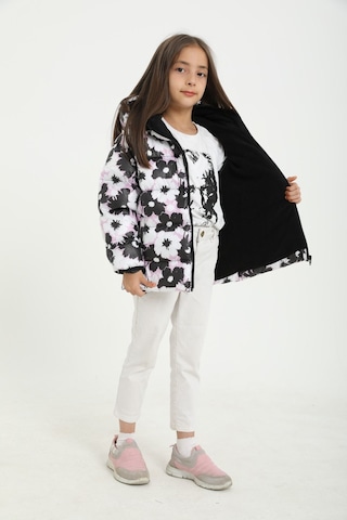 Kız Çocuk Beyaz Mor Çiçek Desen İçi Polar Su Ve Rüzgar Geçirmez Kapüşonlu Cepli Şişme Kışlık Mont Beyaz