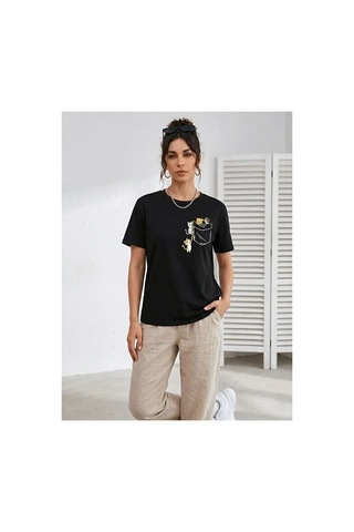Butik İstanbul Sevimli Kedi Cep Baskılı Tişört Kısa Kol Yazlık T-shirt - Siyah