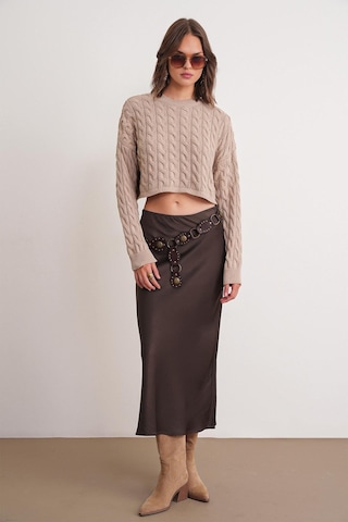 6863 Kadın Saç Örgülü Crop Triko Kazak Vizon Vizon