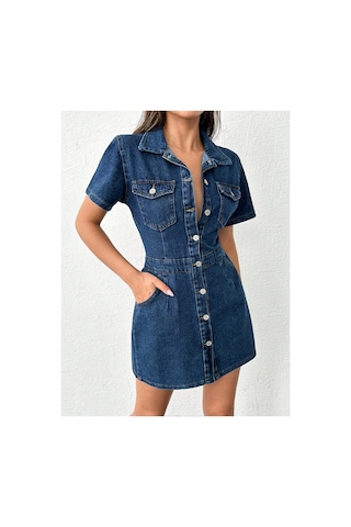 Kene Jeans Ön Arka Pensli Düğme Kapamalı Lacivert Elbise Lacivert