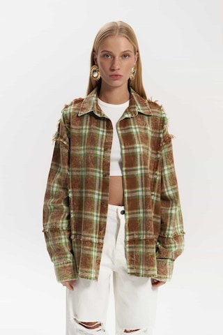 Mai Collection Mai Studios Co. Loma Yıkamalı Oversize Unisex Ekose Kahve Gömlek Kahve