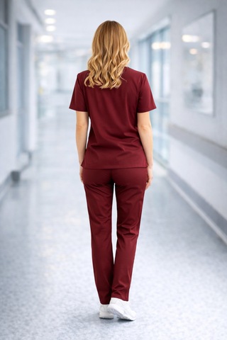Likralı Hemşire Doktor Forması Premium Belinda Soft Kumaş Scrubs Hastane Üniforması Cerrahi Takım Bordo