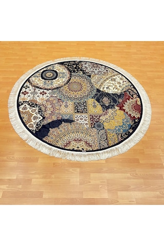 Mozaik Desenli 200 X 200 Yuvarlak İpek Halı Lacivert