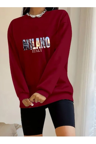Kadın Uzun Kollu Bisiklet Yaka Desenli Viskon Iki Iplik Bluz Bordo