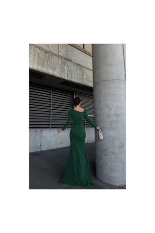 Lior Design Kadın Şık Model Kayık Yaka Taş Detaylı Uzun Kollu Abiye Elbise Zümrüt