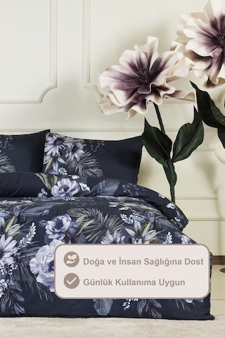 Elart Eva Nevresim Takımı Çift Kişilik %100 Pamuk Saten 200x220 Cm Lacivert Lacivert