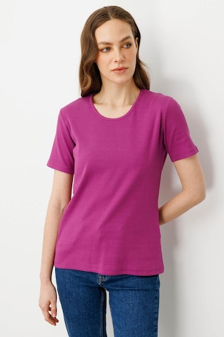 Kadın Sıfır Yaka Kısa Kol Pamuk Kaşkorse T-shirt Sıklamen pembe