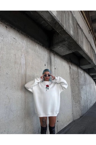 Mbb E-ticaret Kadın 3 İplik Pamuklu Bisiklet Yaka Gül Baskılı Sweatshirt - Beyazbeyaz Beyaz