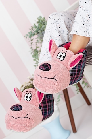 Khayt Tatlı Panda Rahat Peluş Yıkanabilir Unisex Panduf Ev Botu Pembe - Pembe Ekose Pembe