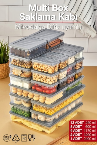 Multi Box 27 Parça 5 Farklı Boy Saklama Kabı Seti - Dondurucu & Mikrodalga Uyumlu Gri