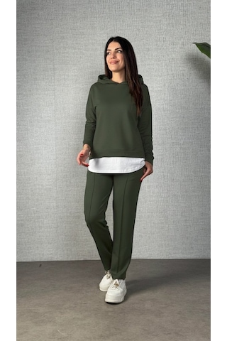 S-pazarım Kadın Uzun Kollu Kapşonlu Bağcıklı Viskon Iki Iplik Bluz Ve Pantolon Ikili Takım Yeşil