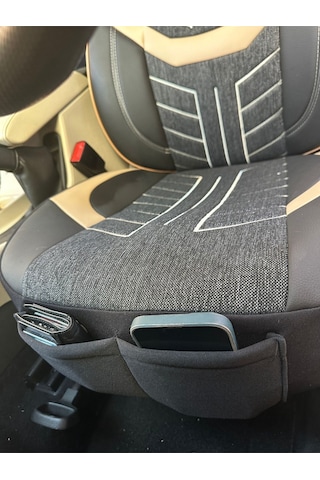 Argalı Fiat Doblo Araca Uygun Oto Koltuk Kılıfı Üniversal Keten Ve Suni Deri Cepli Oto Koltuk Kılıf Bej