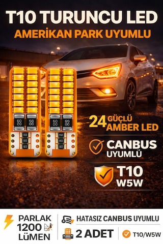 T10 Park Ampulü, Turuncu, 24 Led, Ultra Parlak, Amerikan Park Görünümü, Arıza Lambası Yakmaz, 2 Adet