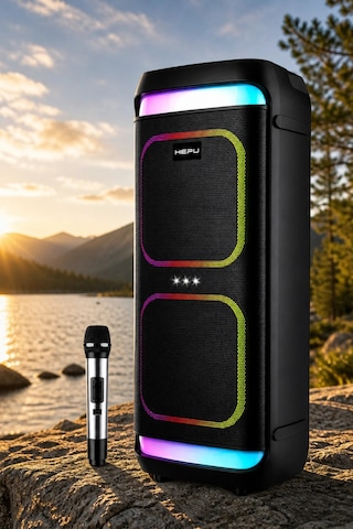 Hepu Hp-986 24w Taşınabilir Partybox Hoparlör - Çift 8" Speaker Işıklı, Mikrofonlu, Tws Destekli Ses