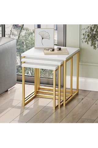 Atlantis 3'lü Gold Metal Zigon Sehpa Beyaz Atl7-w Beyaz