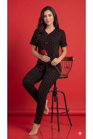 Sleeproom Yazlık Siyah Kırmızı Kalp Desenli Kısa Kol Penye %100 Pamuk Pijama Takım