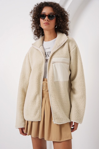 Bigdart 55446 Fermuarlı Oversize Peluş Ceket - Bej