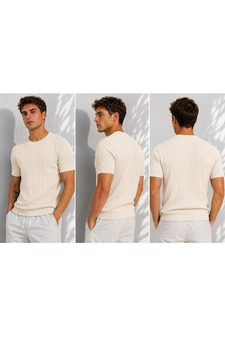 Ribana Erkek Bisiklet Yaka Kısa Kollu Esnek Örme Triko T-shirt 26091 Ekru