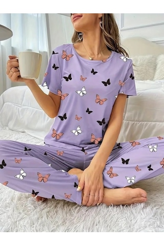 Supplierby Kadın Kısa Kollu Bisiklet Yaka Kelebek Baskılı Süprem Ikili Takım Mor