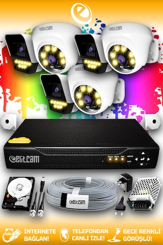 Elitcam 6 Kameralı Süper 3 İç Kamera Set 2 TB 5 MP 2K Net Renkli Gece Görüşlü Güvenlik Kamerası Sistemi