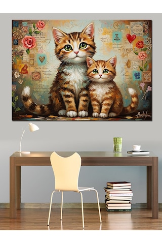 Ahşap Tablo Çiçekli Bahçede Anne Yavru Kedi Çocuk Odası Tabloları