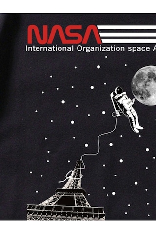 Erkek Siyah Oversize Nasa Baskılı T-shirt Siyah