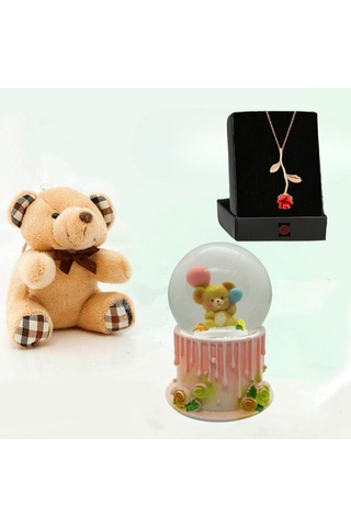 İyi Ki Doğdun Panda Mini Işıklı Kar Küresi Arkadaşa Hediye & Mini Peluş Ayıcık Ve Gül Kolye Hediye