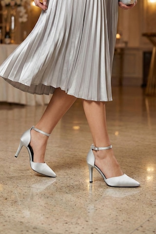 Erkan Saçmacı Sindy Plus Gümüş Saten Bantlı İnce Topuklu Abiye Stiletto Ayakkabı