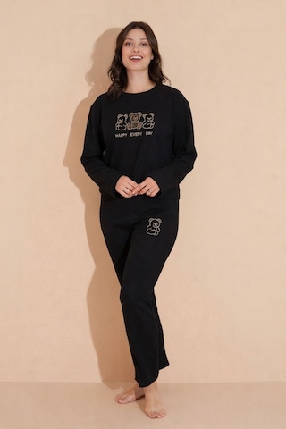 Wordex Mirano 9010 Havlu Kumaş Ayıcık Nakışlı Kışlık Kadın Eşofman Pijama Takımı Siyah