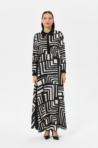 Geometrik Desenli Siyah-bej Vual Elbise Siyah Siyah