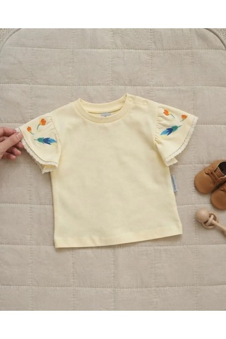 Tuffy Kız Bebek Açık Sarı Çiçek Nakışlı Fırfırlı Kısa Kollu T-shirt