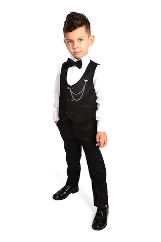 Merdia Kids Erkek Çocuk Smokin Takım Elbise Gömlek, Pantolon, 6 Düğmeli Yelekli, Papyonlu, Zincirli Siyah