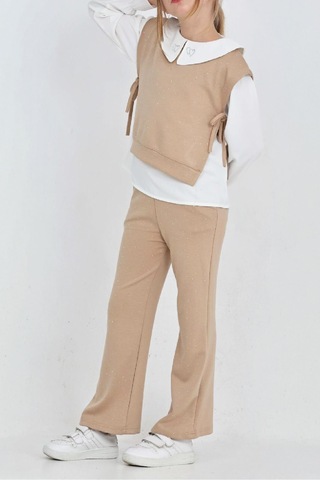 Kız Çocuk 3'lü Takım Pantolon+yelek+bluz 12429 Krem