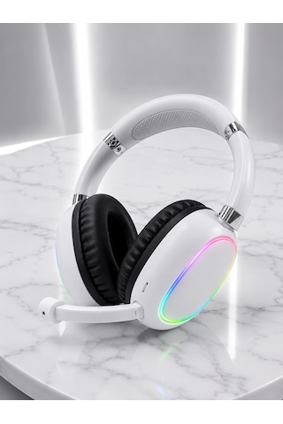 Kablosuz Bluetooth Mikrofonlu Beyaz Kulaklık Rgb Işıklı