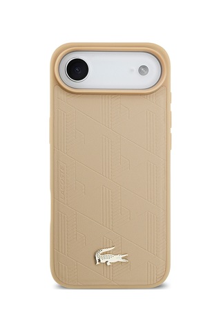 Apple Uyumlu iPhone 17 Air Kılıf Lacoste Lisanslı M-safeli Pu Deri Tasarımlı Karışık Monogram Desenli Kapak Bej Bej
