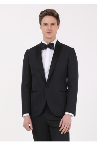 Ramsey Siyah Mikro Fashion Slim Fit Kruvaze Yaka Dokuma Smokin Takım Elbise