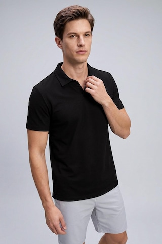 Siyah Rahat Form Yumuşak Dokulu Polo Yaka Erkek T-shirt - 88496