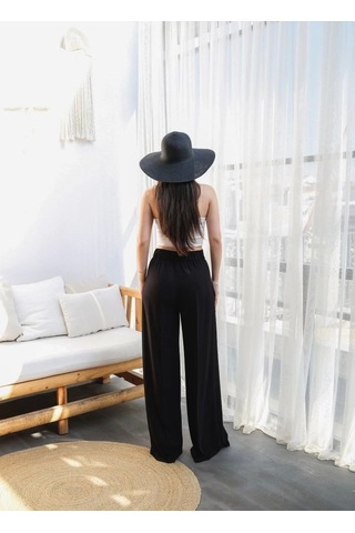 Defymoda Keten Önü Çapraz Parçali Lasti Kli Ve Bağcikli Geni Ş Paça Pantolon Siyah