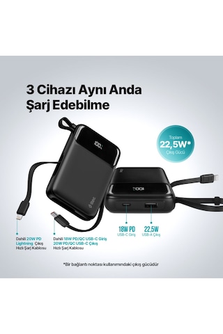 Ttec 2bb215s Recharger Pro Lcd 10.000 Mah Pd 22,5w Lightning Ve Usb-c Dahili Kablolu Taşınabilir Hızlı Şarj Aleti Siyah