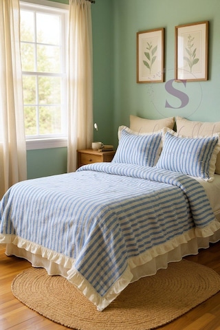 Mavi-bej % 100 Pamuk Fırfır İplik Boyalı Çift Kişilik Nevresim Takımı,modern Çizgili Nevresım Seti Mavi - Bej